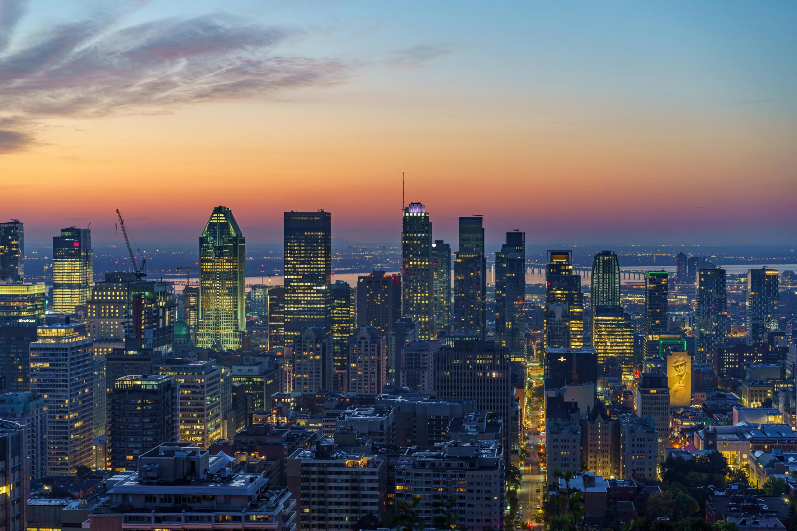 Skyscrapers in the city at sunset, Montreal, Quebec