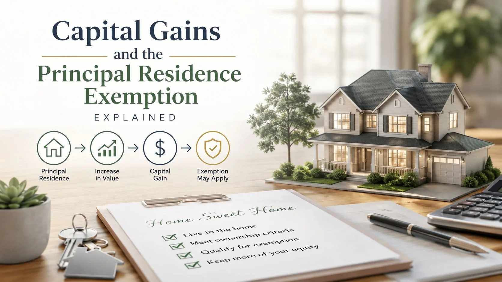 An infographic explaining principal residence capital gains exemption with a model house, checklist, and icons on a desk.