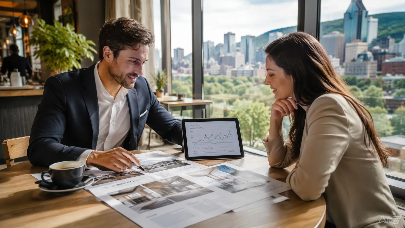 A professional man and woman discussing Montreal real estate market data while looking at documents and tablet.