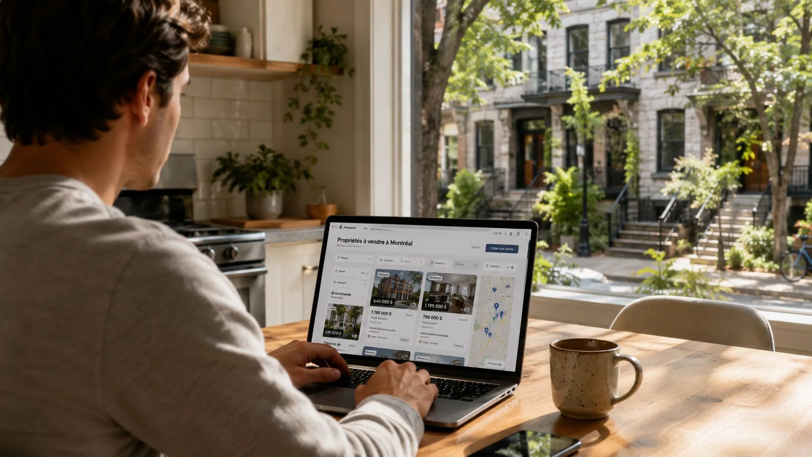 A young man sitting at a kitchen table searching for real estate listings in Montreal on a laptop.