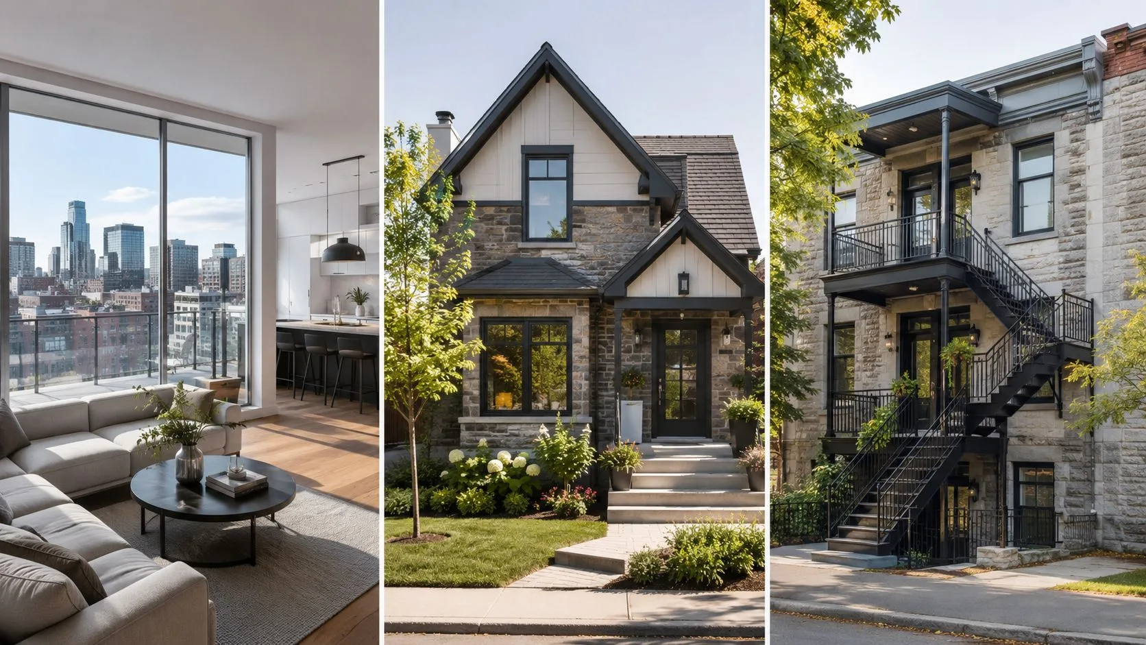 A split image showing a modern apartment living room, a stone suburban home, and a city townhouse.
